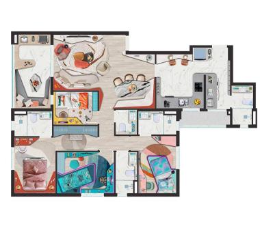 Perspectiva ilustrada planta 117m²