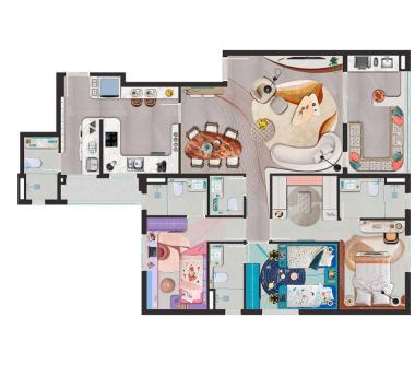 Perspectiva ilustrada planta 117m²